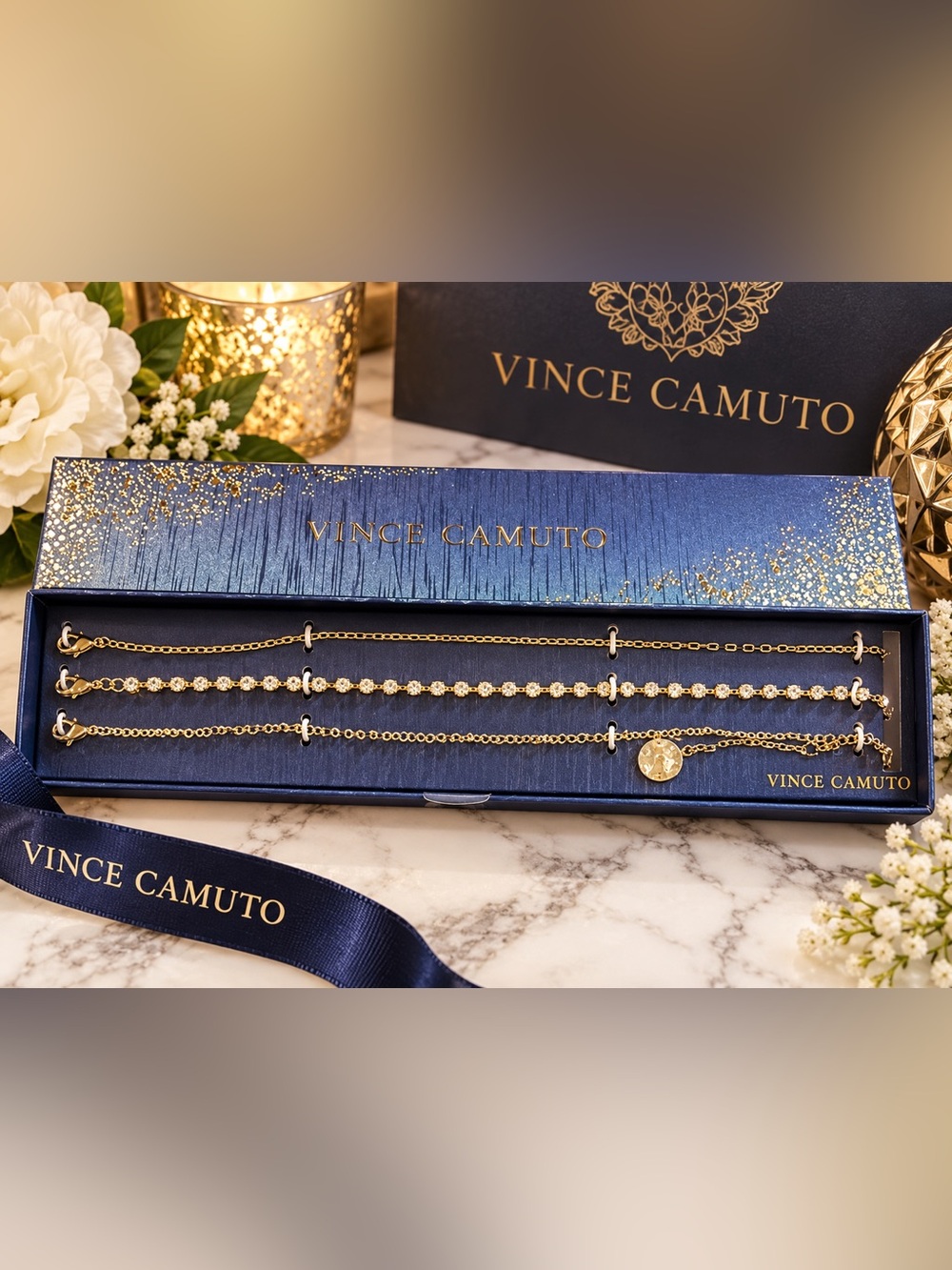 Vince Camuto 3-Piece Gold-Tone Bracelet Set with Crystal & Charm NWT